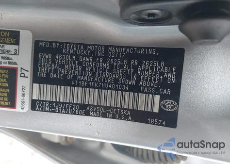 2017 Toyota Camry Se from USA, damaged, VIN 4T1BF1FK7HU401034